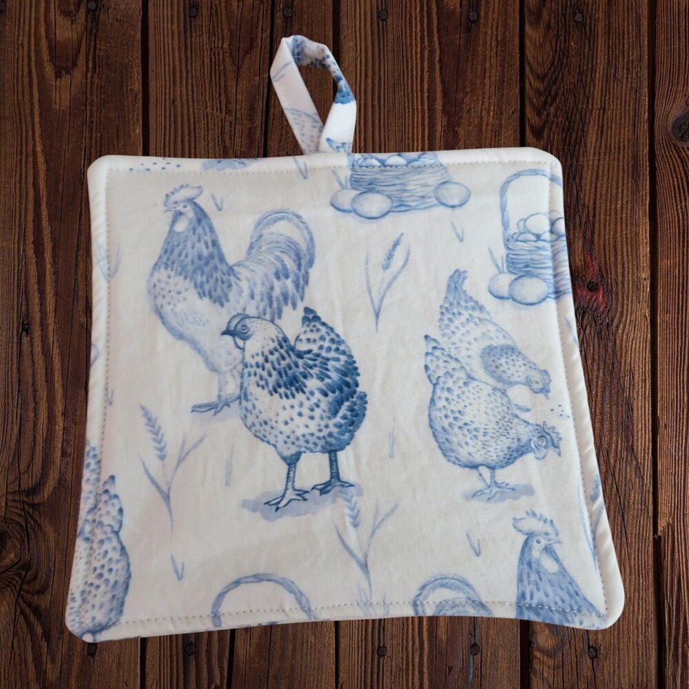 Handmade Potholder, Blue Chickens